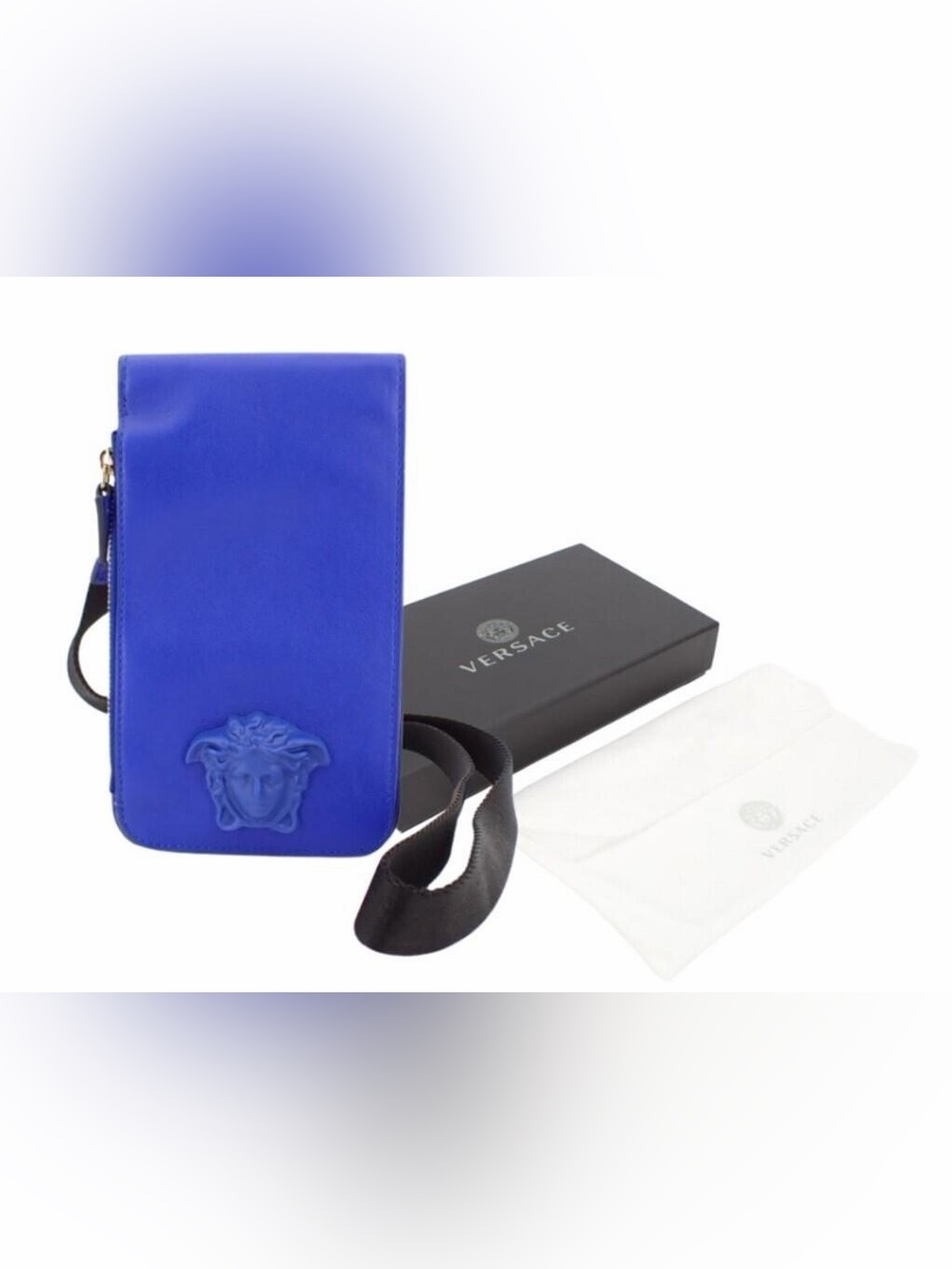 Versace Cobalt Blue Leather Medusa Phone Case Crossbody NWOT